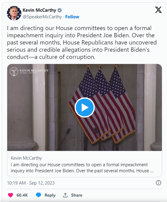 Kevin McCarthy Twitter Feed Screenshot of Impeachment Inquiry Announcement
