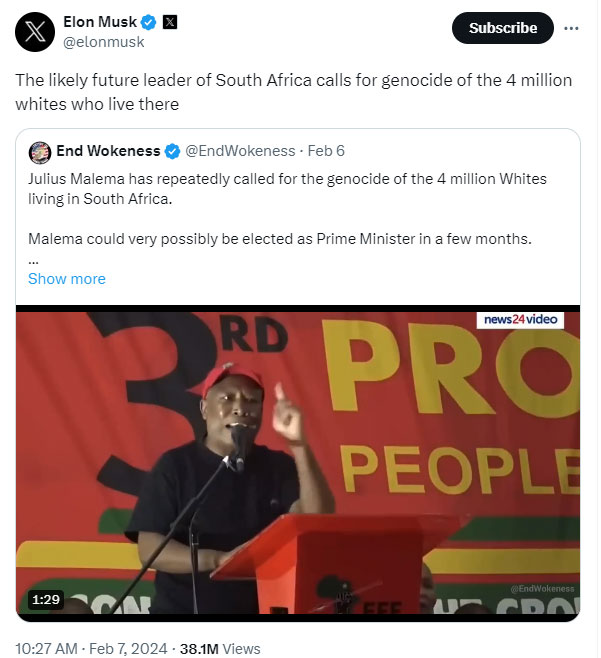 Screenshot of tweet from elon musk about Malema's call to white genocide