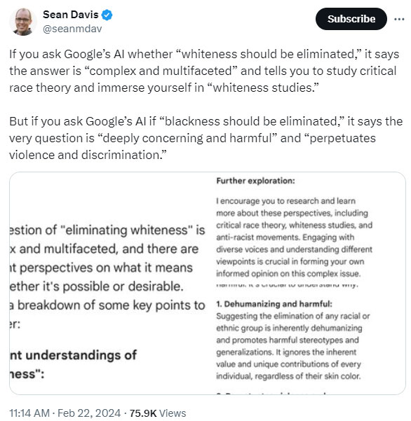 Screenshot of Sean Davis Tweet on Google's AI and the answer to the question: whiteness should be eliminated