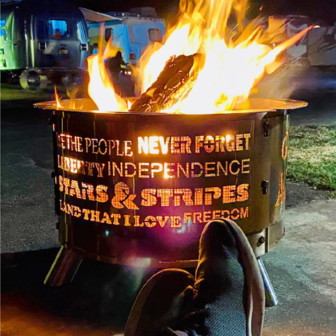 Mobile fire pit with a patriotic message from MYFIRESIDE
