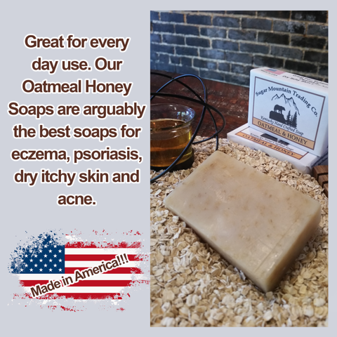 Oatmeal honey soaps for eczema, psoriasis, dry itchy skin and acne from Sugar Mountain Trading