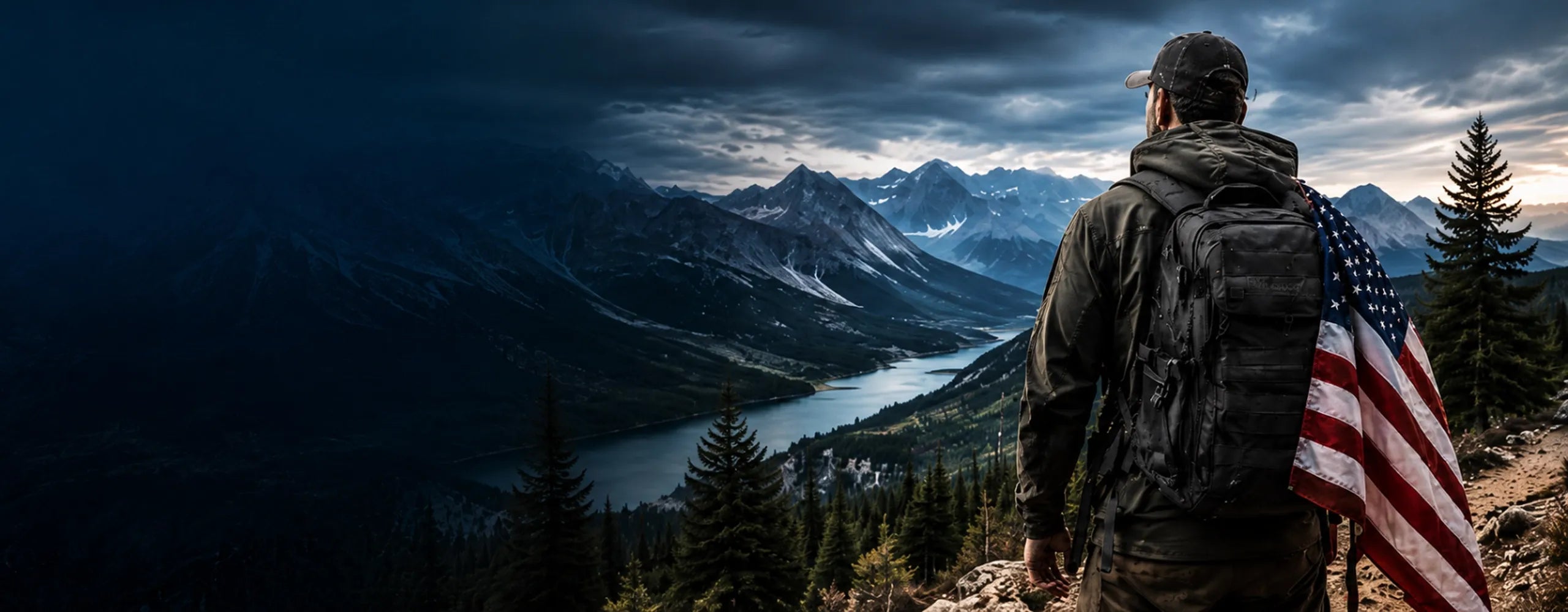 Man with hiking gear and American Flag on a mountain in the United States.