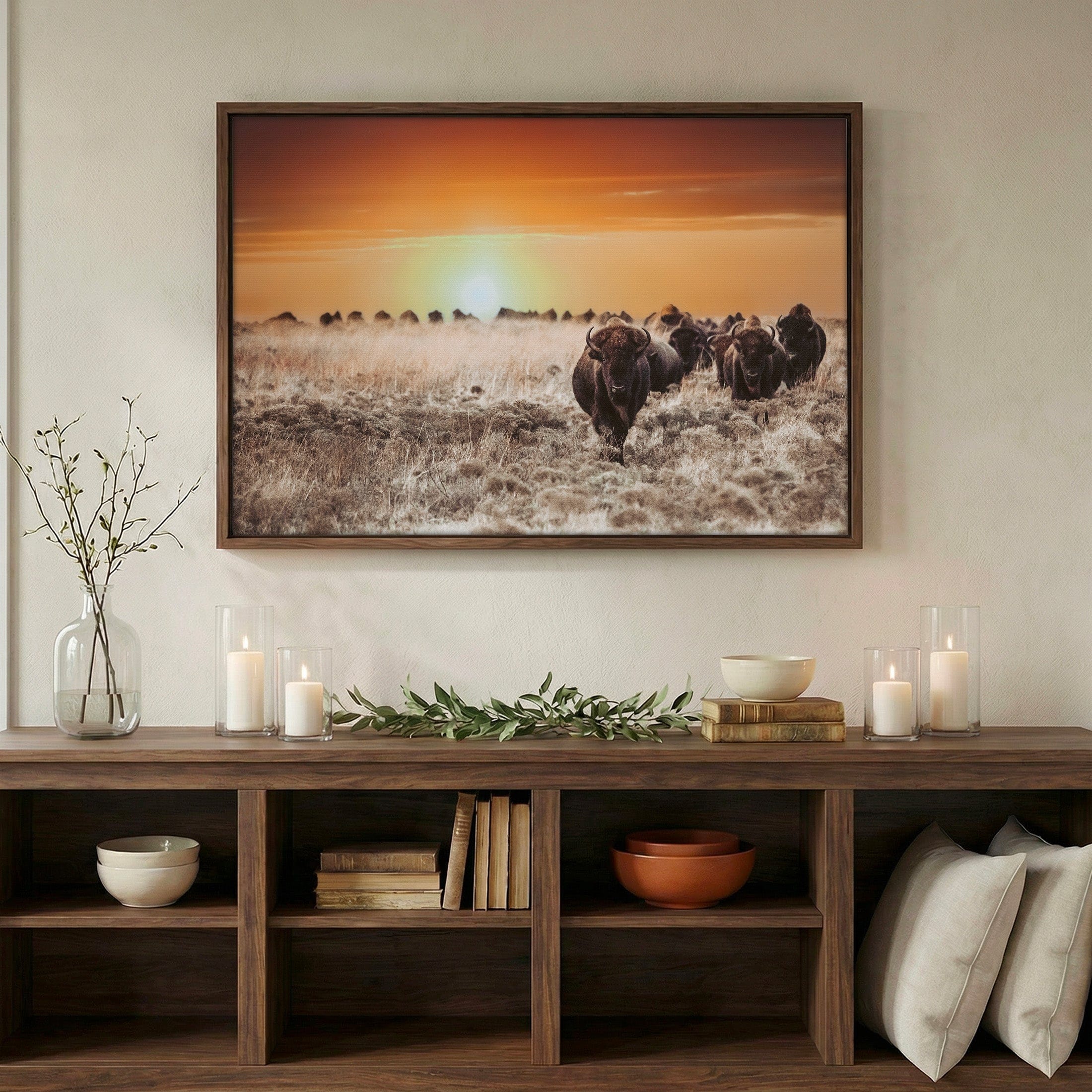 Colorful Bison Canvas - Vibrant Wildlife Decor With Orange Sunset Prin ...